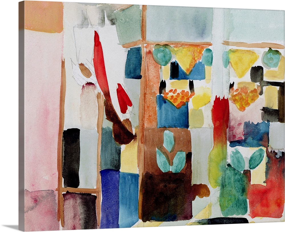 Watercolor painting of various items on shelves.