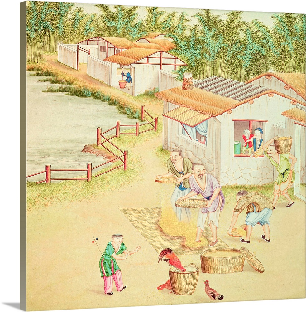 XIR177183 Chinese Peasants Sifting Rice (colour litho) by Chinese School; Free Library, Philadelphia, PA, USA; Giraudon; C...
