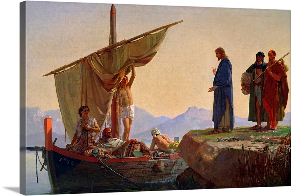 Classic artwork with Christ standing on the edge of a small cliff with two men standing just behind him and a boat in the ...