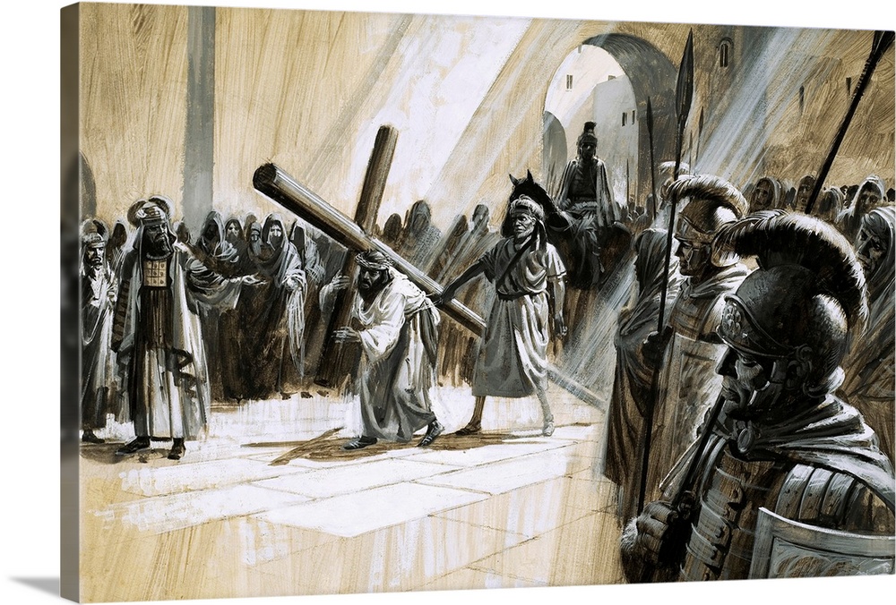 Classic artwork of Christ holding the cross as He is surrounded by soldiers.