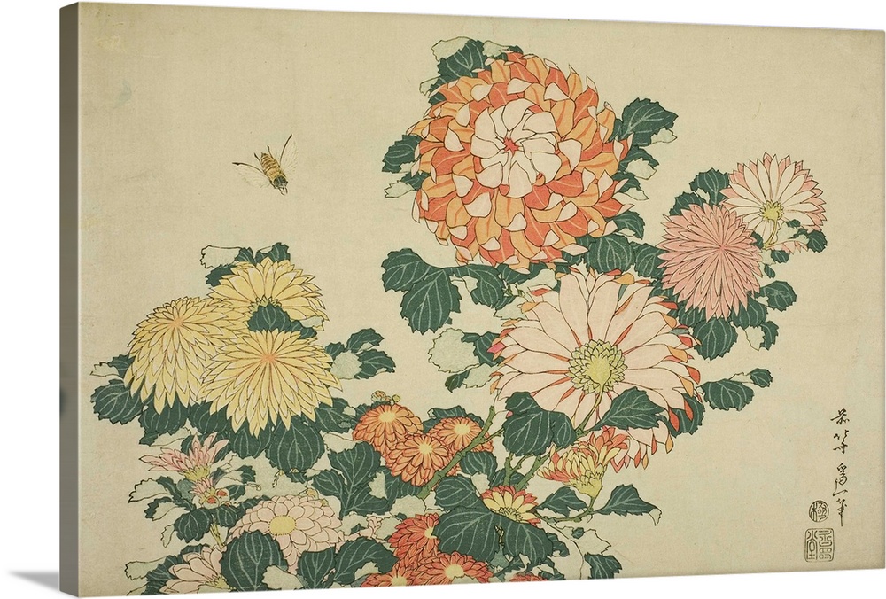 Chrysanthemums and Bee, from an untitled series of Large Flowers, c.1833-34, colour woodblock print.