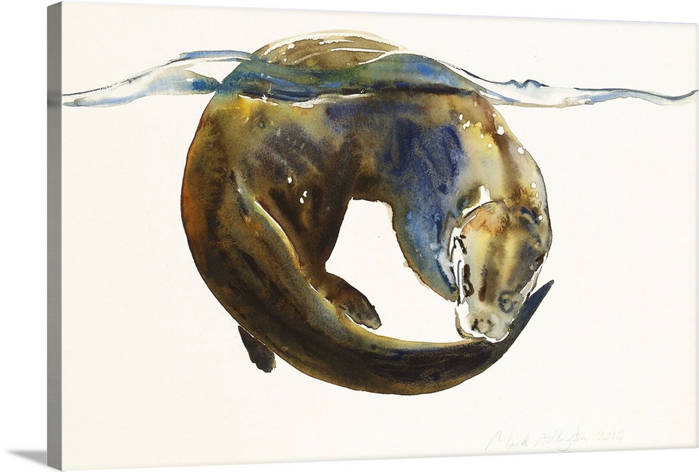 Contemporary artwork of a sea otter from under water, with its back breaching the surface.