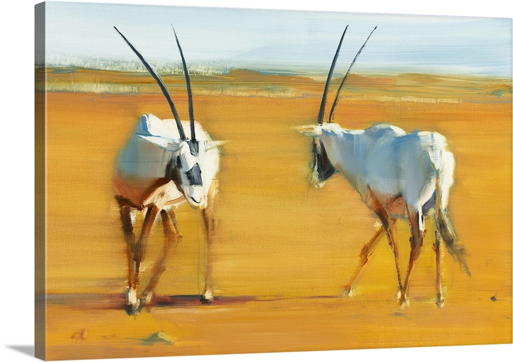 Contemporary wildlife painting of two Oryx in the desert.