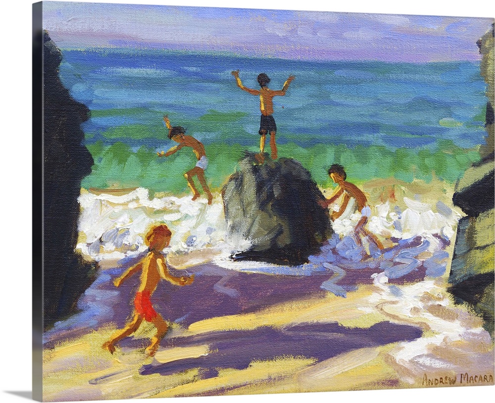 Contemporary painting of children playing on rocks on a beach.