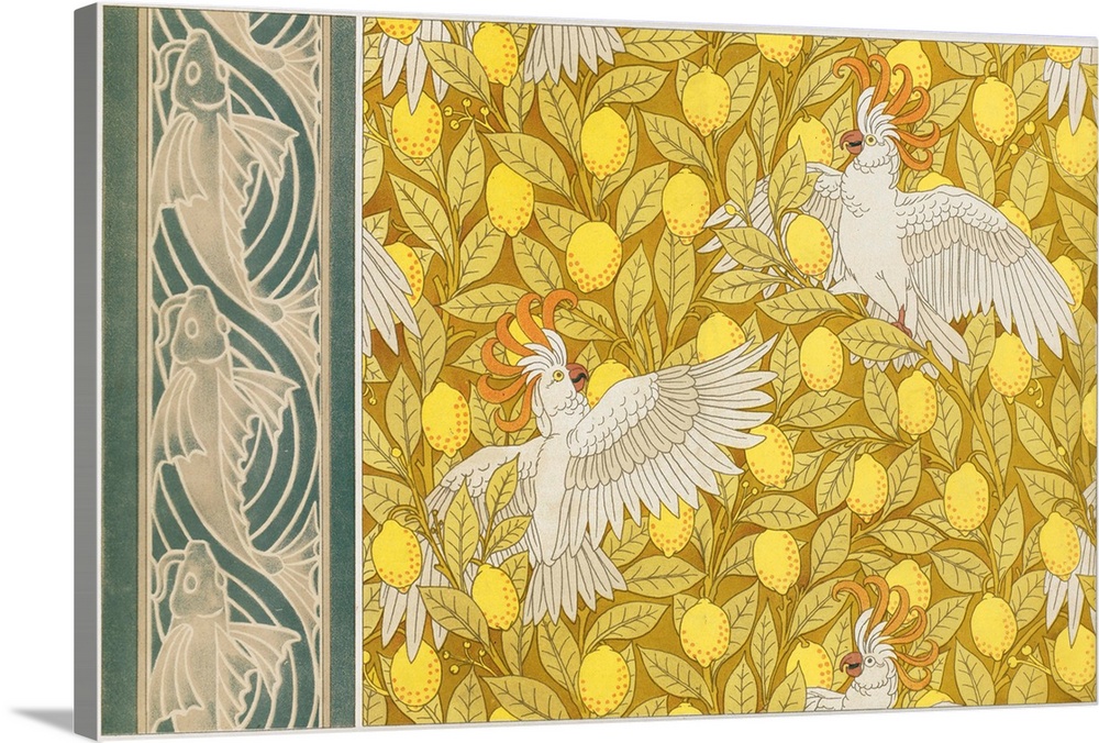 Originally a colour lithograph. Design For Wallpaper "Cockatoos With Lemons" And Wallpaper Border With "Flying Fish", From...