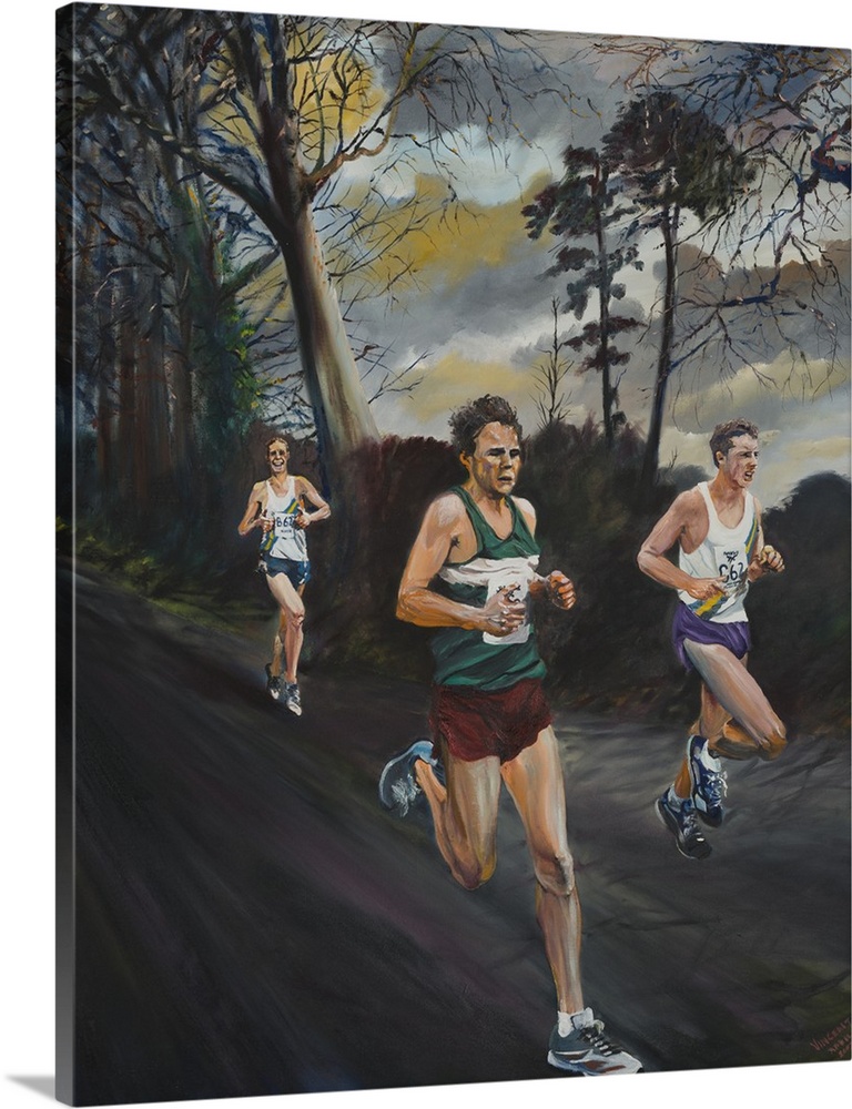 Contemporary painting of a runners along a dark path.