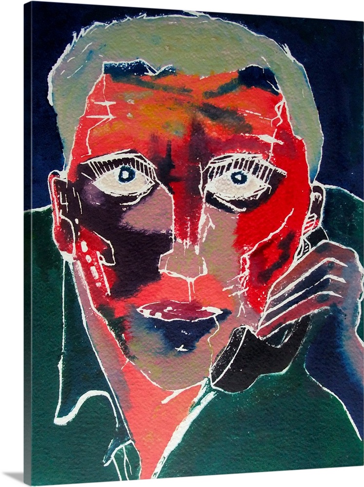Contemporary expressionist painting of a portrait of a man with a red face and talking in the phone.