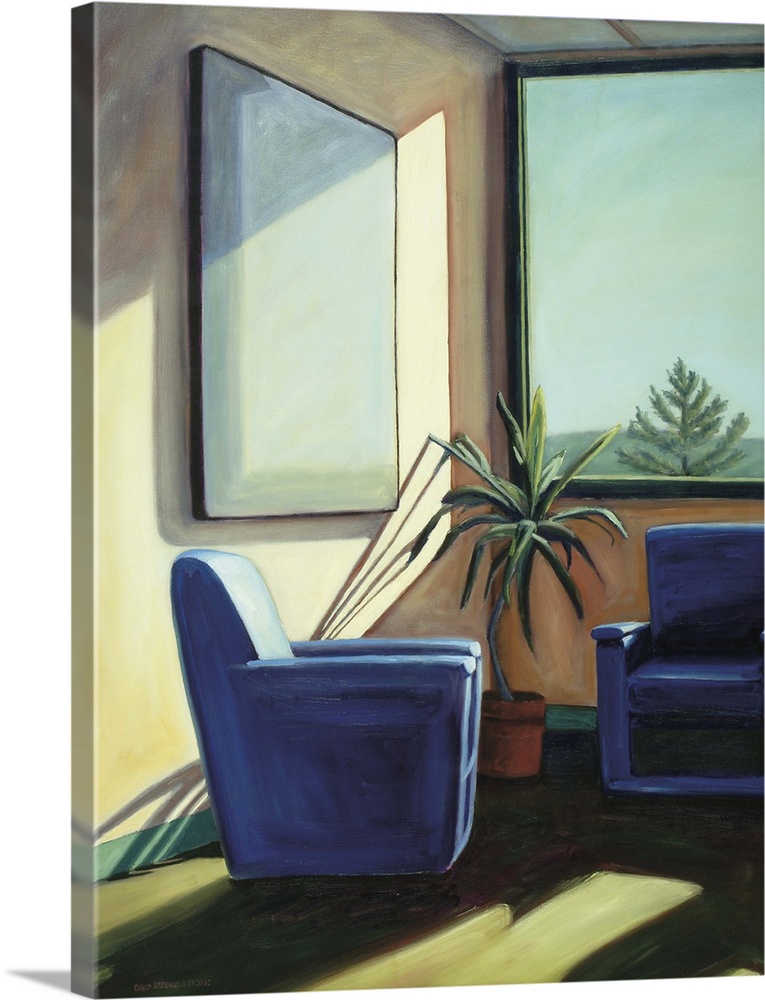 Contemporary painting of two blue armchairs by a window.