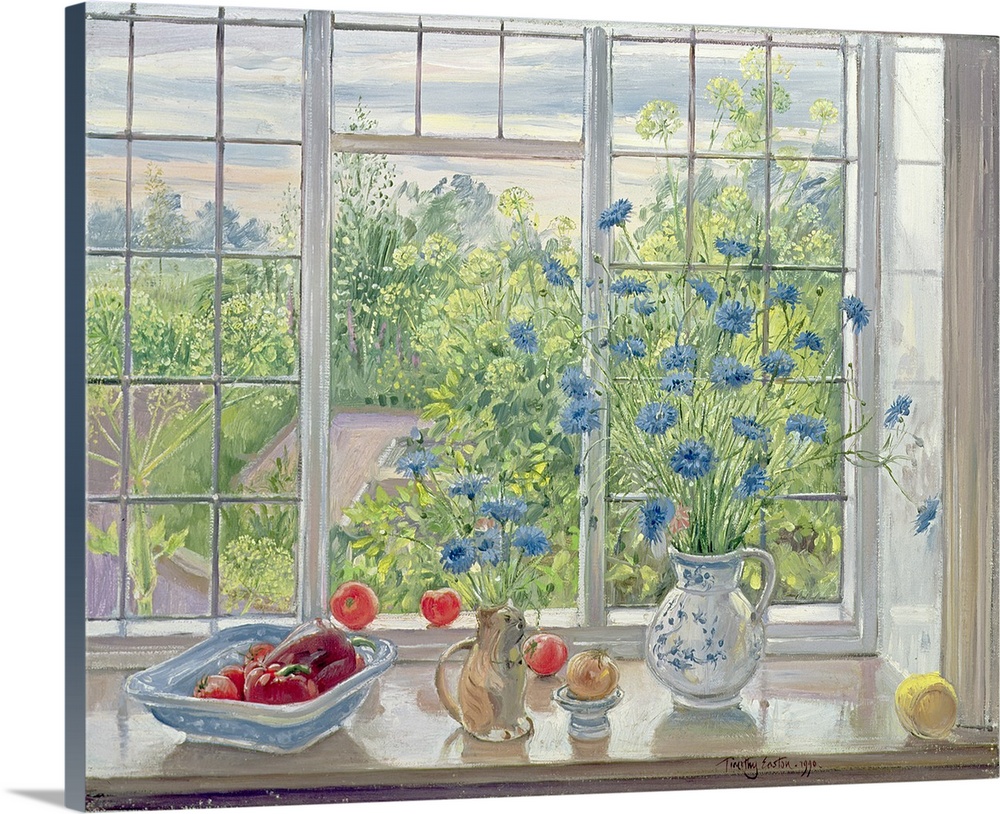 Painting of windowsill with flower vases and vegetables with garden.  A small garden is seen through the window.