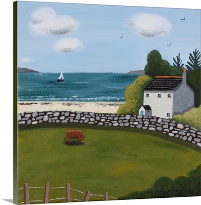 Cottage, Brown Cow And Sailing Boat