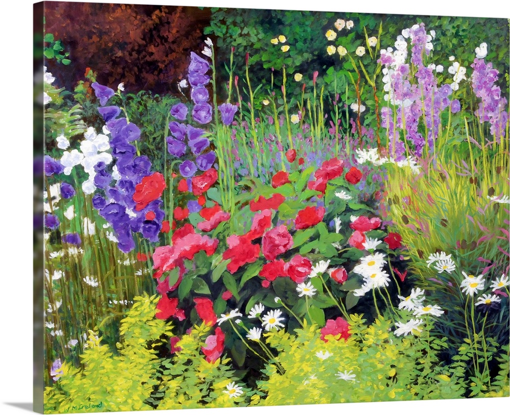 Horizontal , floral painting of many types of colorful, blooming flowers in a flower garden, surrounded by lush, green fol...