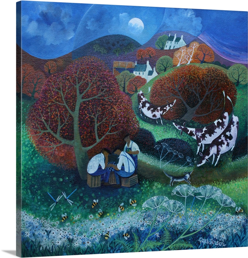 Contemporary painting of men working with a herd of cows in the countryside.