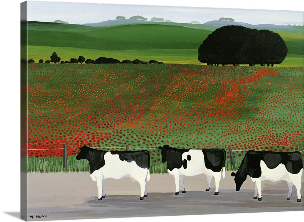Large artwork on a horizontal canvas of three cows standing in front of a fenced off field of poppy flowers.  Large trees ...