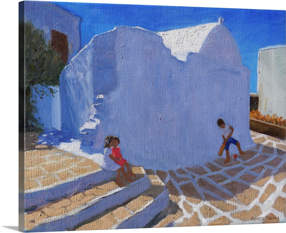 Cricket by the Church Wall, Mykonos, oil on canvas.  By Andrew Macara.
