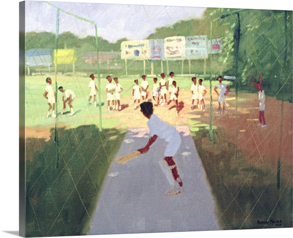 Contemporary painting of schoolchildren playing cricket.