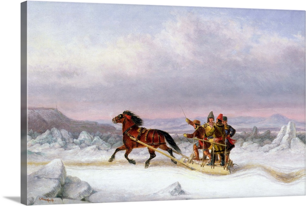 BAL43348 Crossing the St. Lawrence from Levis to Quebec on a Sleigh (oil)  by Krieghoff, Cornelius (1815-72); Private Coll...