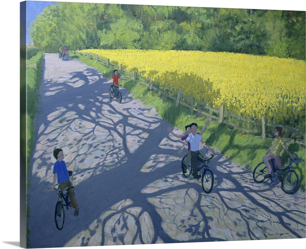 Oil painting of kids on bikes riding down a path lined with a brightly colored flower meadow with forest in the distance.