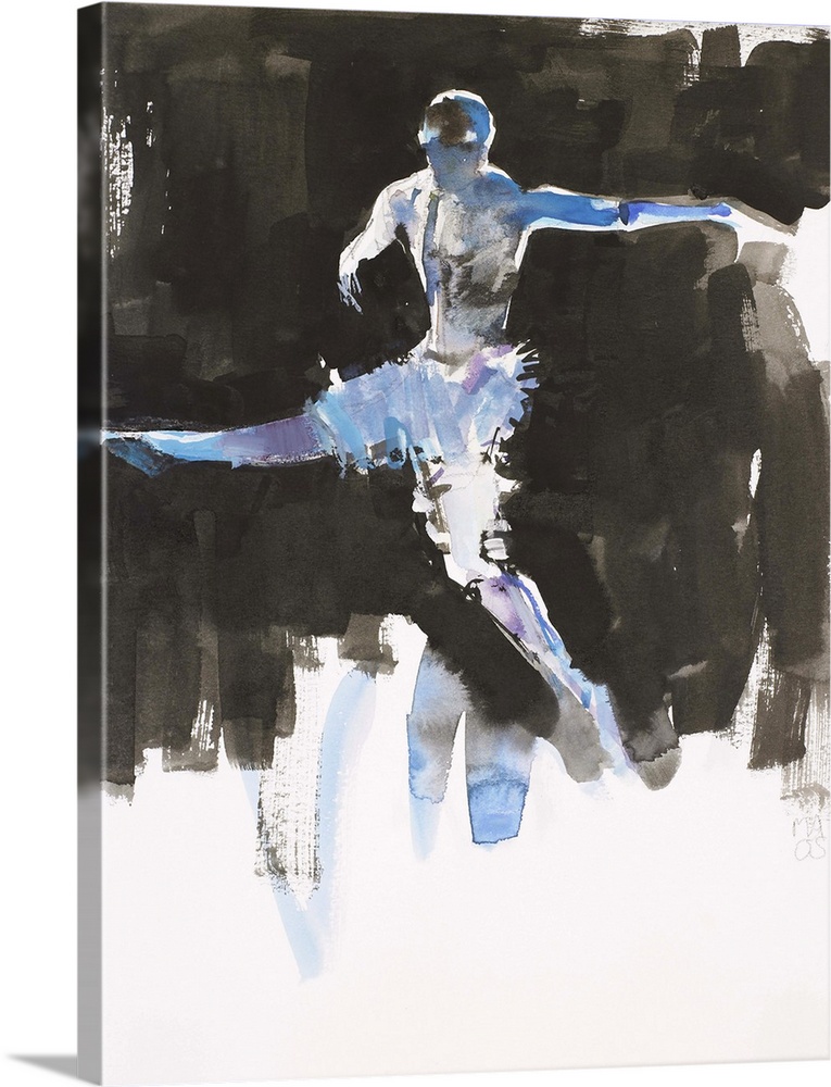 Contemporary artwork that has a block of black paint strokes that are applied around a silhouette of a dancer.