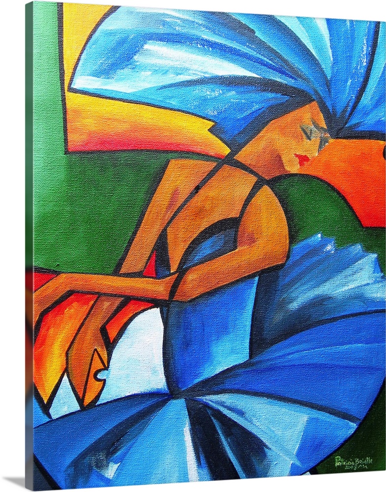 Contemporary abstract painting of a dancer in a blue costume.