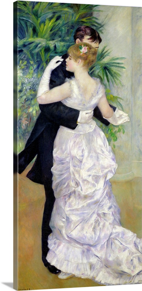 Big, vertical classic painting of a bride and groom dancing in front of greenery and pillars.