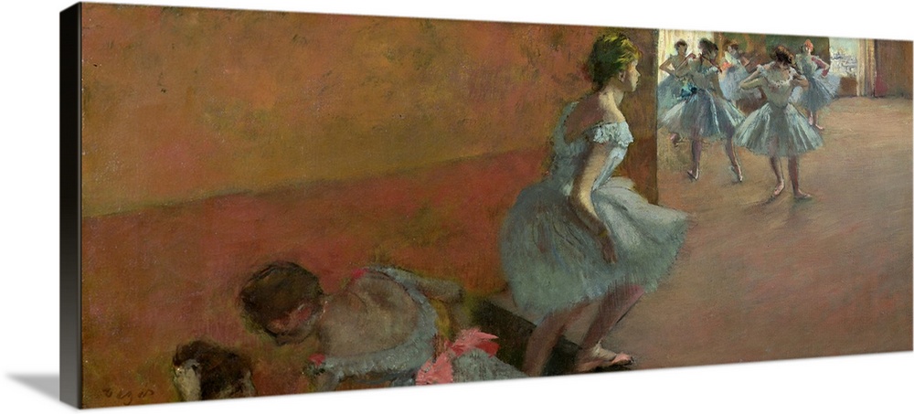 Painting by Edgar Degas of ballerinas practicing in a room while other dancers climb stairs to join them. Mixture of cool ...