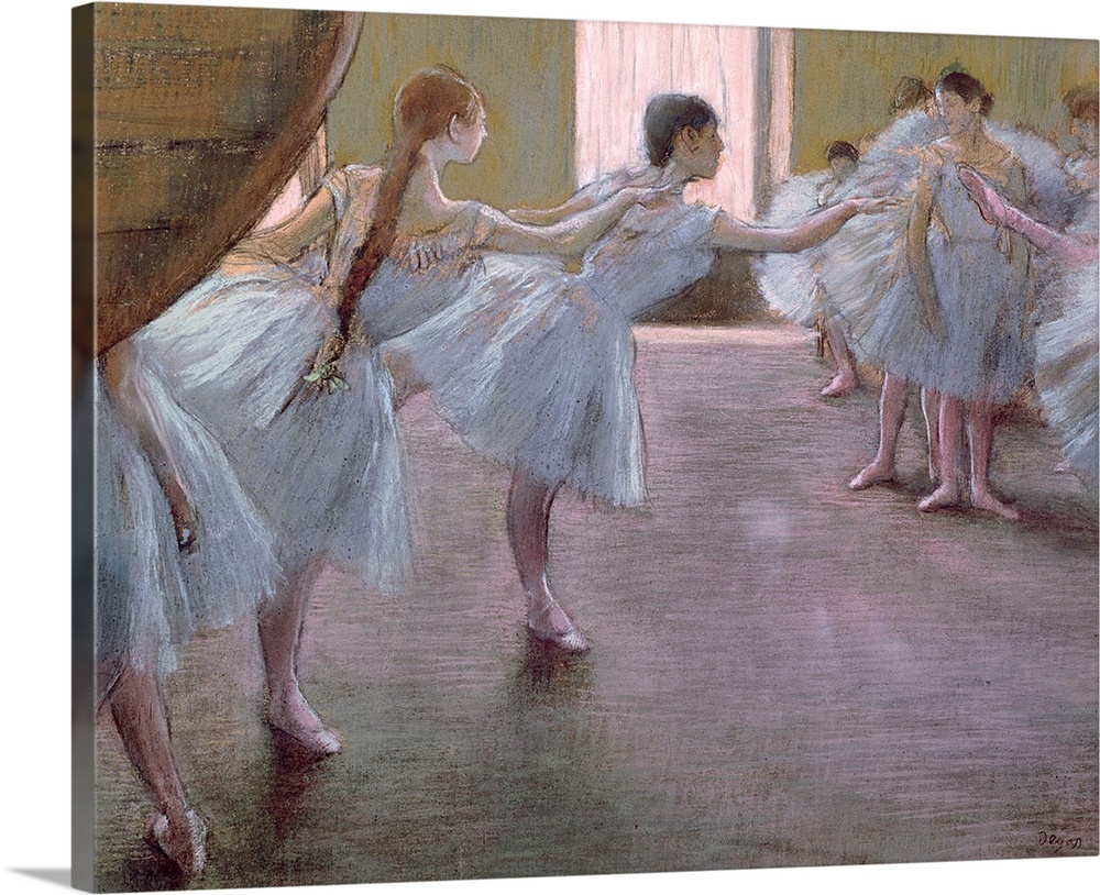 Landscape classic painting on a big canvas of a large group of ballet dancers as they practice together in a studio.
