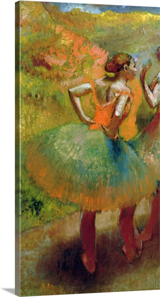 This piece of classic artwork has two dancers both wearing full ballerina skirts with one of the dancers hands in the othe...