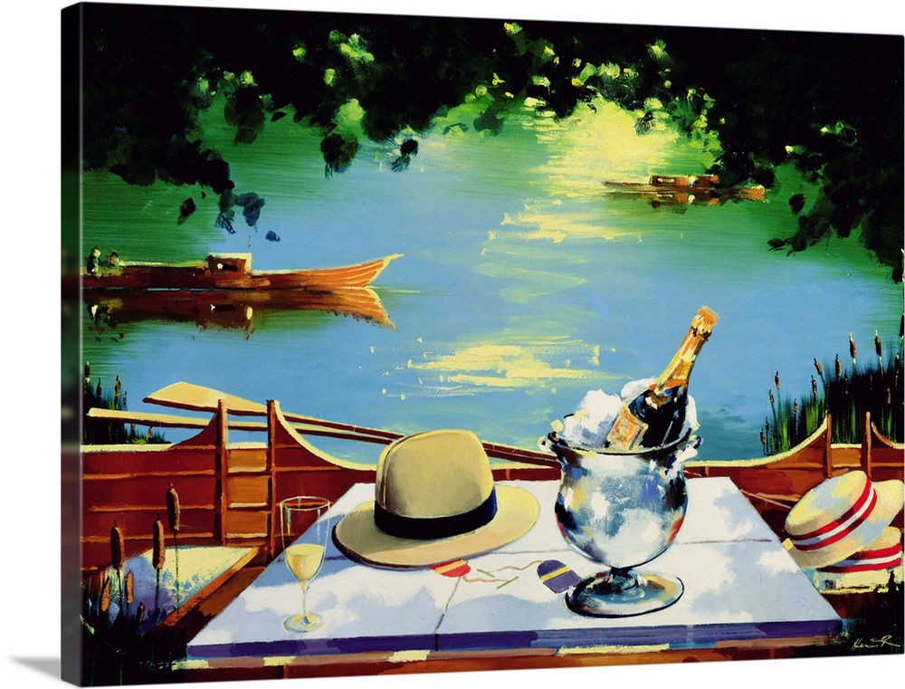 Contemporary still life painting with a hat and champagne.