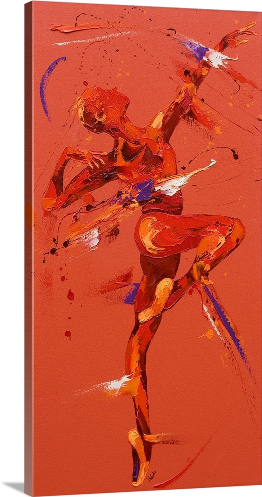 Contemporary painting using warm red tones to create a dancing figure.