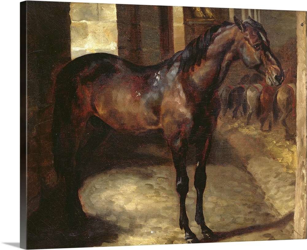 Square, oversized classic painting  of a brown horse standing sideways in a stable.  A line of several horses back ends ca...