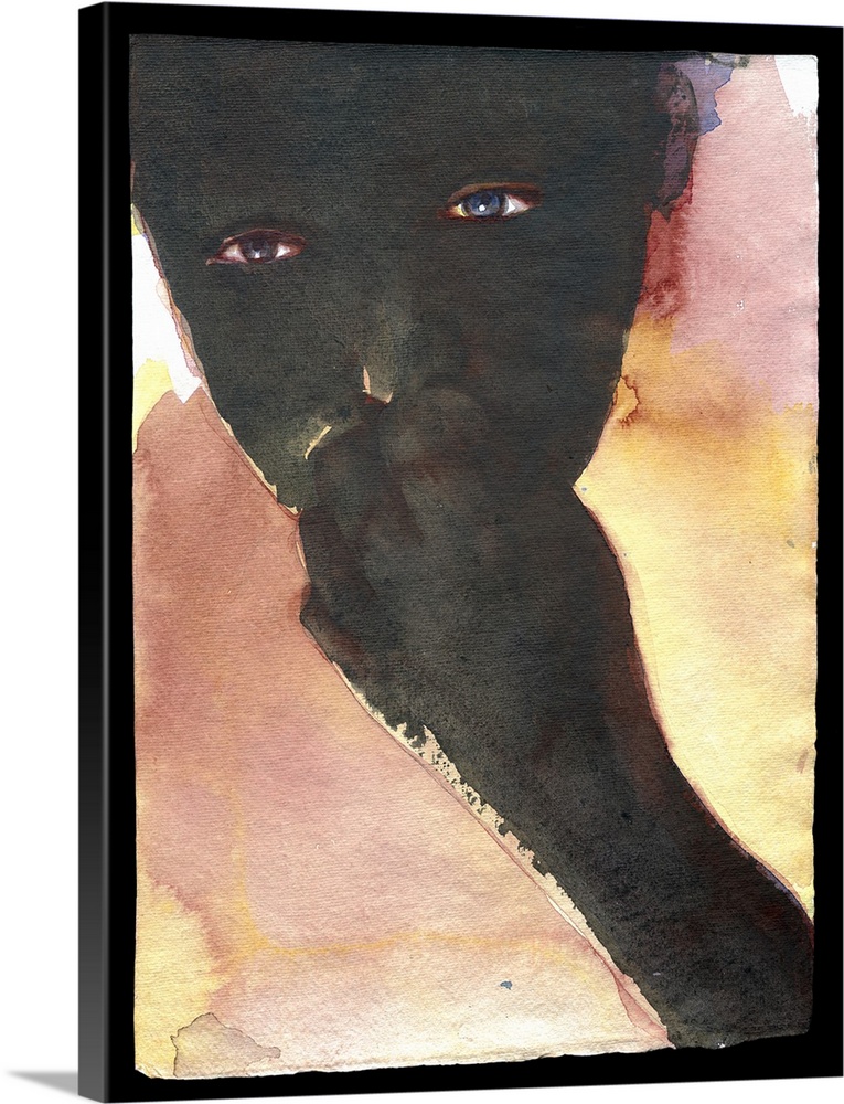 Contemporary watercolor painting of silhouetted figure with their hand up to their mouth and looking into nothing.