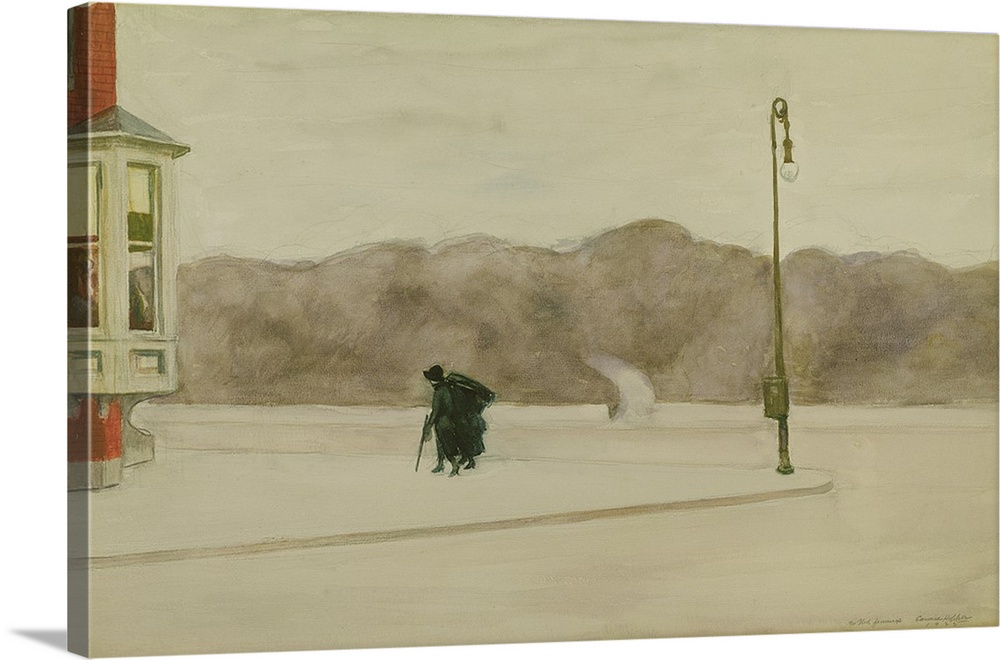 Painting of a woman in black walking along the side of the street mourning after a funeral.