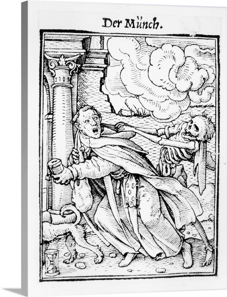 XJF143251 Death and the Mendicant Friar, from 'The Dance of Death', engraved by Hans Lutzelburger, c.1538 (woodcut) (b/w p...