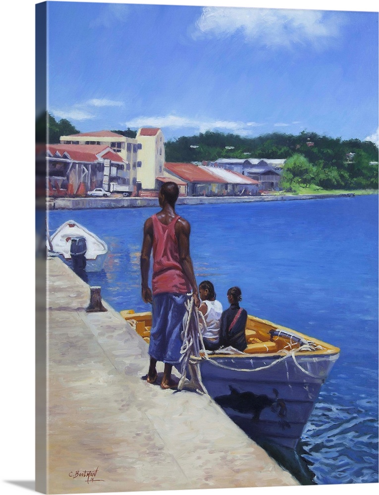 Contemporary art of people in a boat in the harbor in the West Indies.