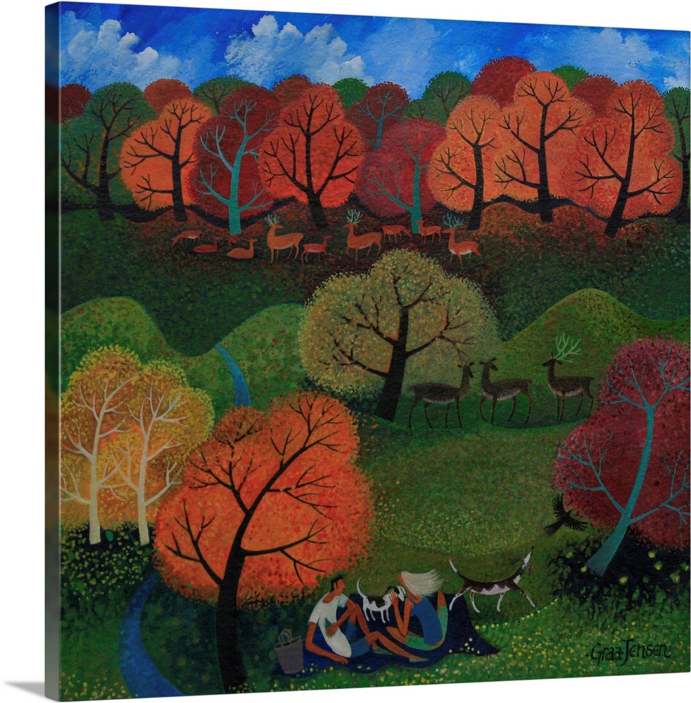Contemporary painting of a herd of deer in an autumn forest.