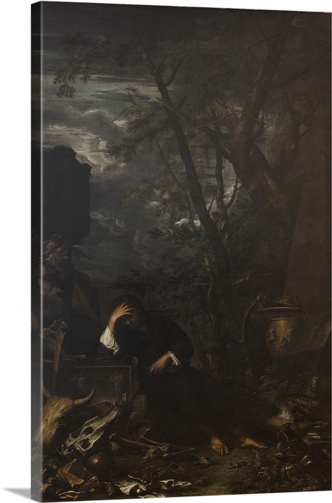 Demokritus in Meditation, 1650-51, oil on canvas.  By Salvator Rosa (1615-73).