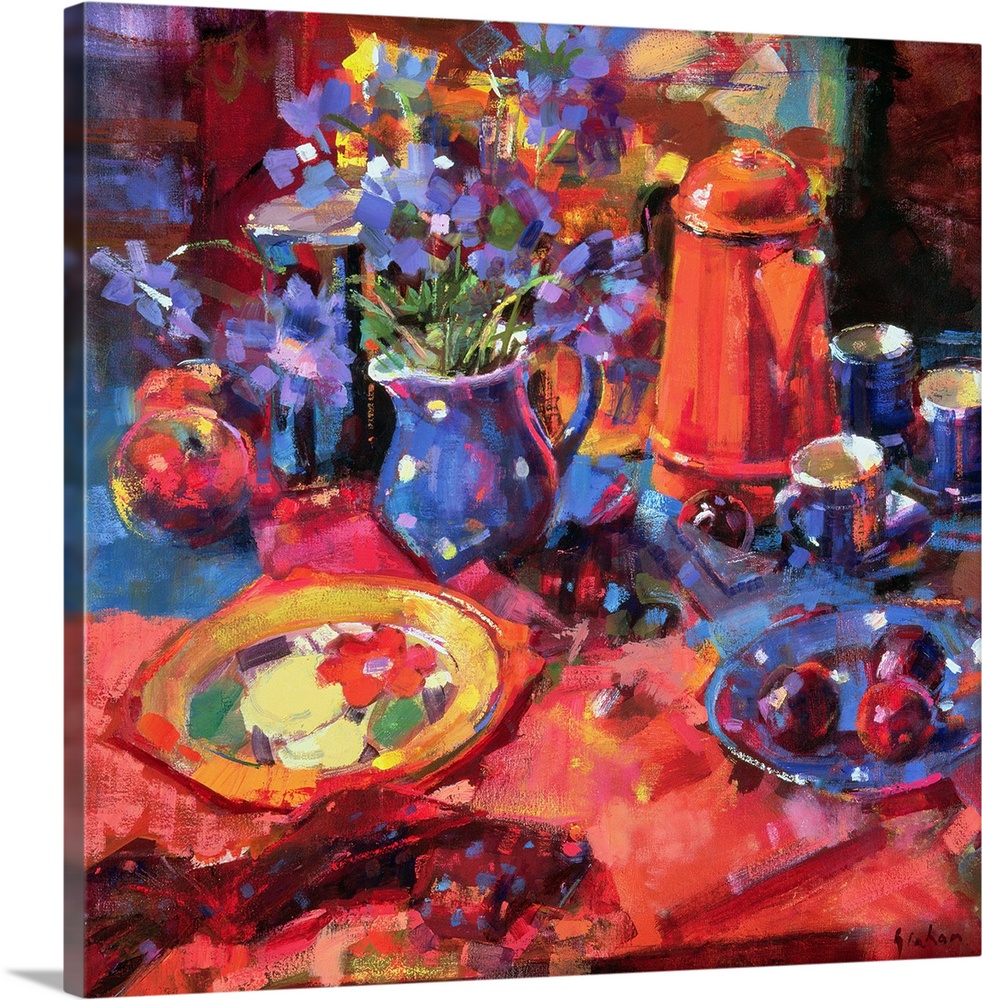 Painting of still life.  There is a colorful floral plate, a plate of plums, a vase of flowers, tea cups, a tea kettle, an...
