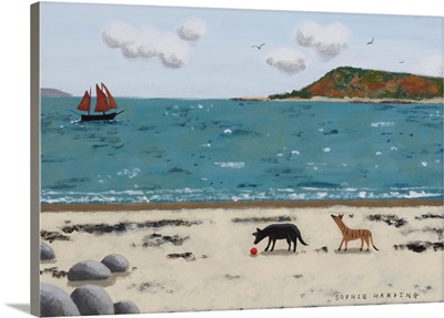 Dogs On Beach And Boat