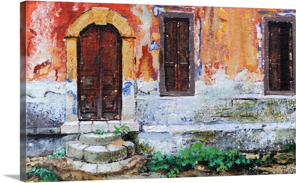 Realistic painting of the side of a weathered building in Greece with an arched door and two shuttered windows.