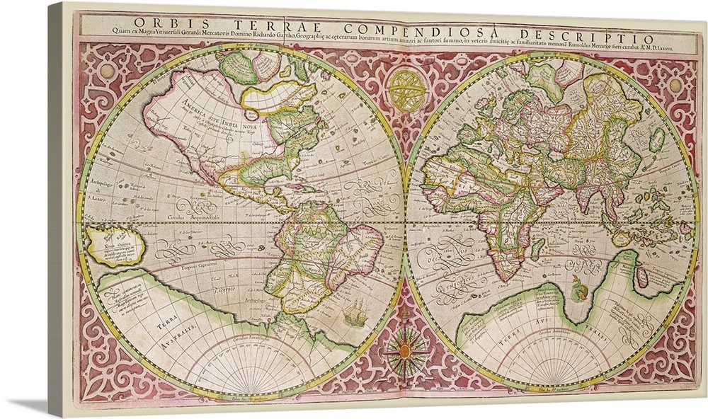 XCF291083 Double Hemisphere World Map, 1587 (coloured engraving)  by Mercator, Gerard (1512-94); Private Collection; (add....