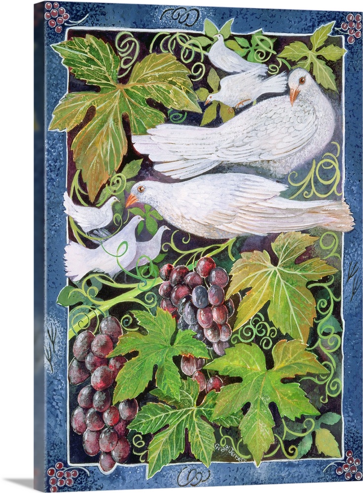 Contemporary painting of several white doves perched on grapevines.