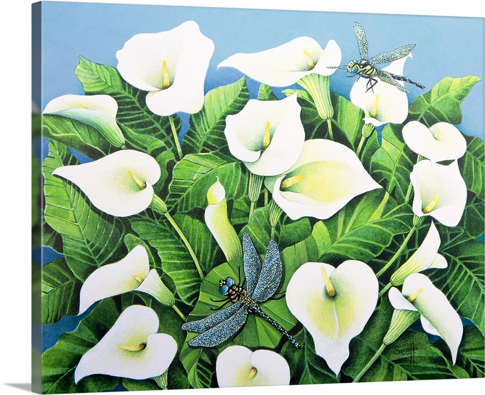 Painting of a bush of lilies surrounded by flying insects.