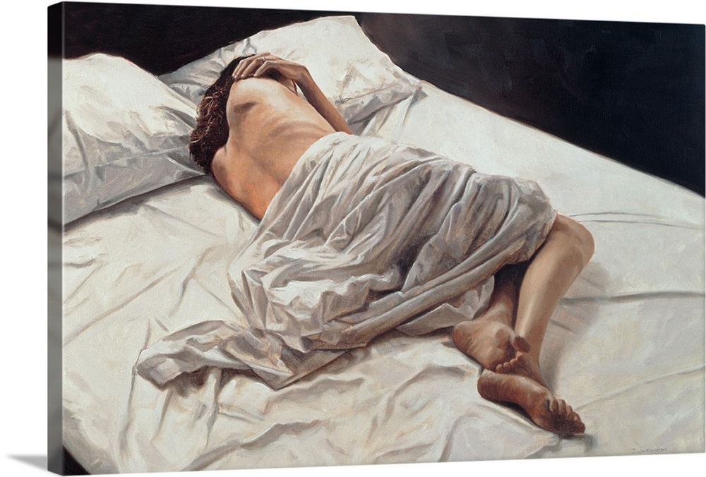 Oil painting on canvas of a woman laying in the middle of a bed with sheets draped around her waist.