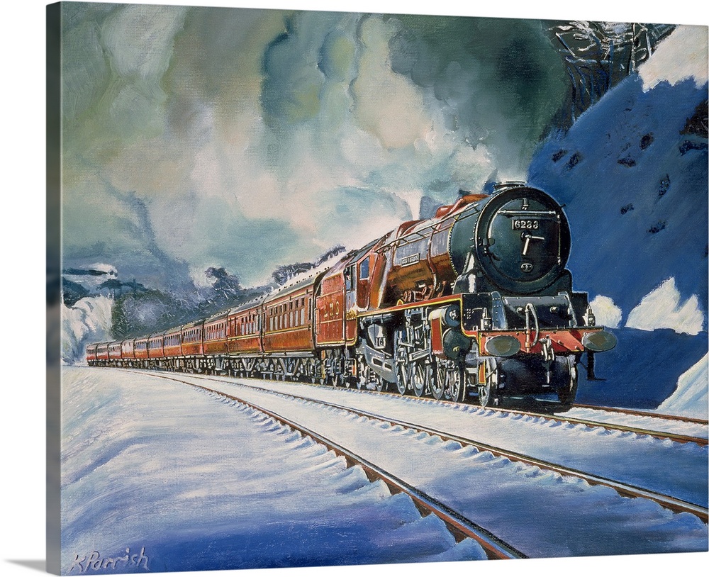 This is a Giclee print of an oil painting that shows a locomotive with several passenger cars traveling through a wintery ...