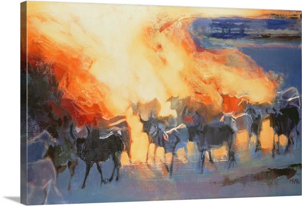 Contemporary painting of a herd of cattle kicking up dust.