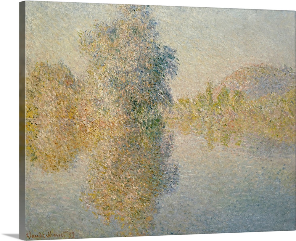 A classic painting of large and smaller trees that reflect into the body of water just below it.