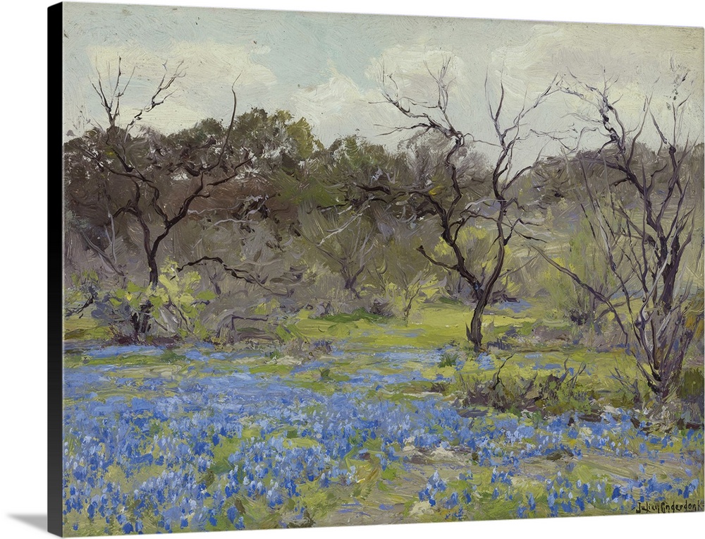 Early Spring Bluebonnets And Mesquite, 1919 (Oil On Wood)