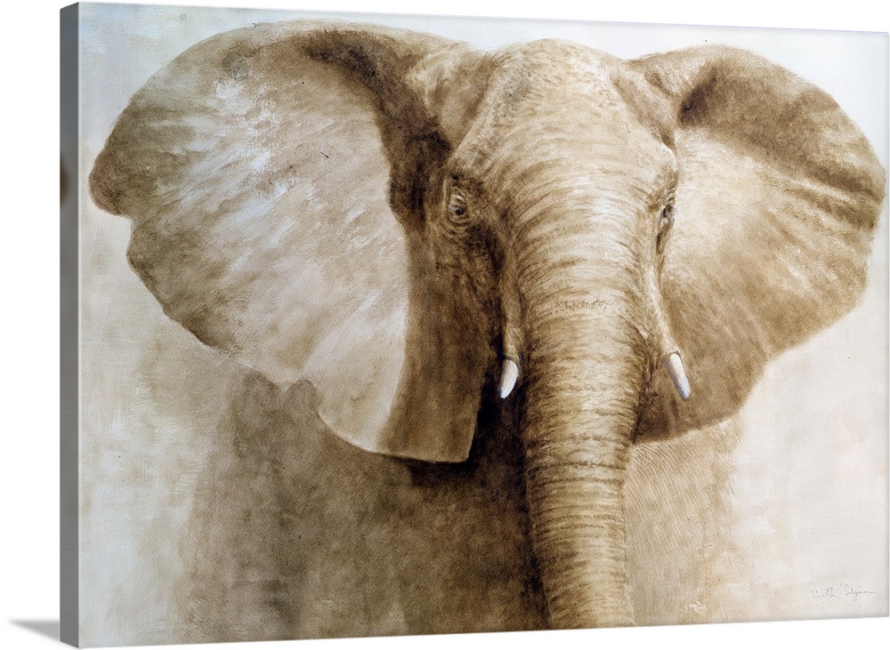 Contemporary painting of animal with large ears and trunk with short ivory tusks.