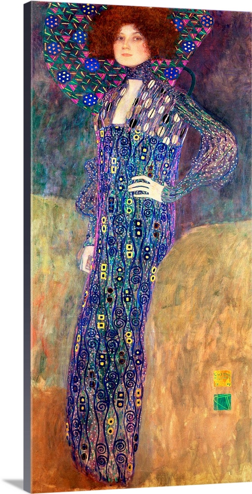 Panoramic classic art displays a woman wearing a dress composed of vibrant cool tones with accents of swirls, circles, squ...