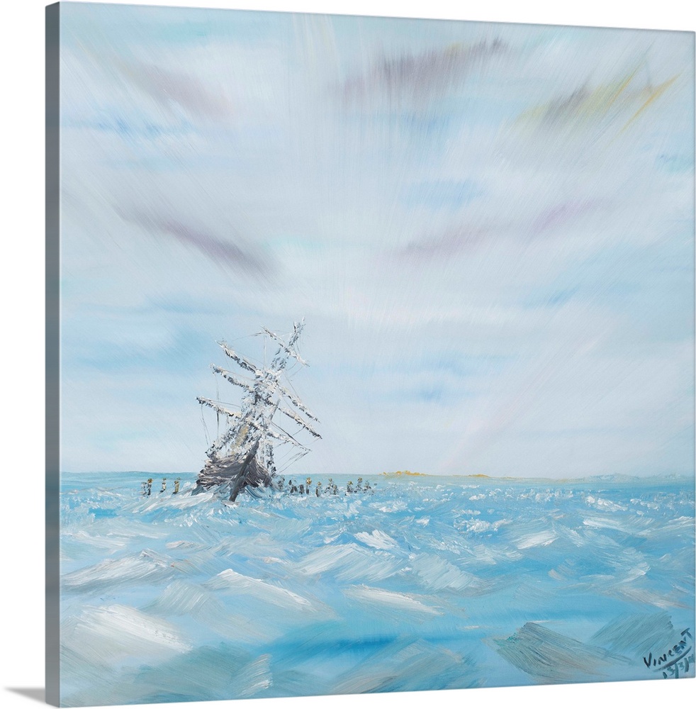 Contemporary painting of a ship out to sea on crystal blue waters.